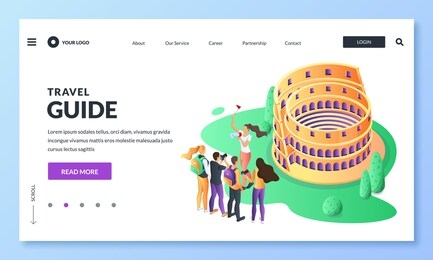 travel to italy and rome vector 3d isometric illustration. guide and group of tourists on excursion in coliseum. web landing page, banner or poster design. tourism website or trip application concept.