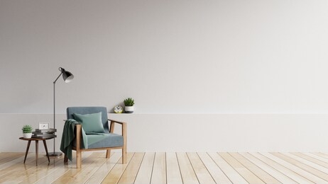 the interior has a armchair with white empty mockup wall and beige armchair 3d rendering