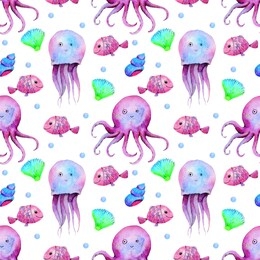 sea ​​watercolor ocean octopus, fish, jellyfish illustration seamless pattern hand drawn  on a white background