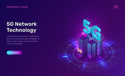 5g network technology, isometric concept vector illustration. smart city, tall buildings with 5g symbol wireless internet isolated on ultraviolet background. high speed internet web page