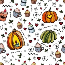 halloween seamless texture. collection pattern for autumn with pumpkin and candles. carved. doodle illustration. halloween or thanksgiving. cozy home. vector. vector illustration
