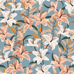lily flower seamless pattern on blue background, white and pink lily floral vector illustration