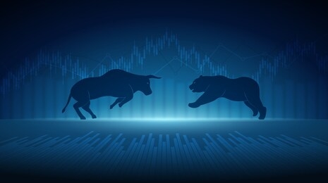 abstract financial chart with bulls and bear in stock market on blue color background