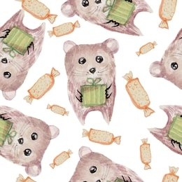 little mouse with a gift in its paws, candy on a white background. watercolor illustration. seamless pattern.