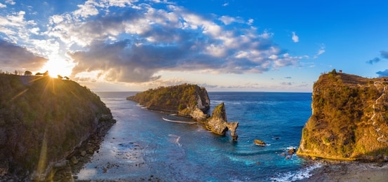 panorama of aerial view atuh beach in nusa penida island, bali in indonesia.