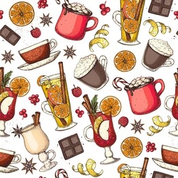 hot drinks. colorful seamless pattern. mulled wine, winter hot drink. hand drawn sketch. vector illustration. christmas invitation design template. christmas bar menu. mulled wine, coffee and tea 