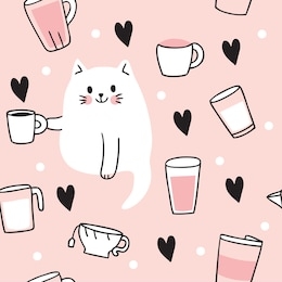 cartoon cute  cat drinking coffee seamless pattern vector.