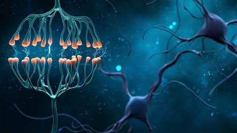 synapse and neuron cells sending electrical chemical signals. digital synapse illustration on blue background. 3 d illustration .