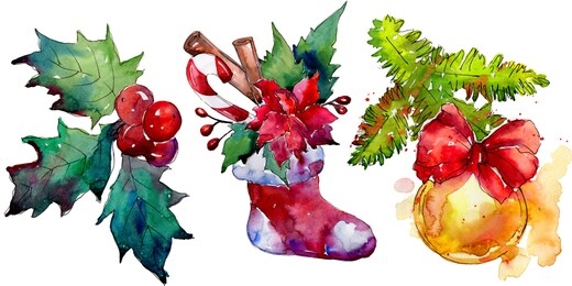 christmas winter holiday symbol isolated. 2020 year, happy holidays. watercolor background set. watercolour drawing fashion aquarelle. isolated christmas ornament illustration element.