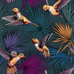 seamless floral pattern. bright hummingbirds and exotic tropical palm leaves on a dark background. textile composition, hand drawn style print. vector illustration.