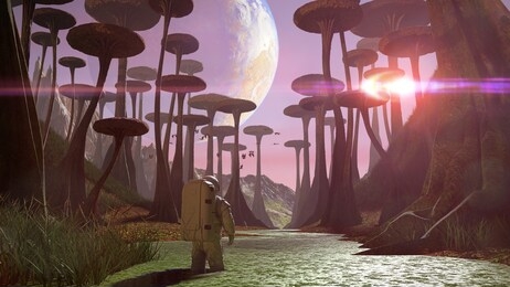 astronaut exploring alien planet landscape, journey to an exoplanet with strange plants and flying creatures (3d science illustration)