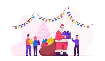 santa claus character giving gifts to happy children on school or kindergarten matinee standing in room with christmas and new year decoration. santa greeting kids. cartoon flat vector illustration