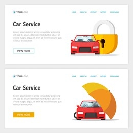 car insurance or automobile protection service website template design vector layout or mockup, flat cartoon web site landing page with vehicle protected with lock shield or umbrella security banner