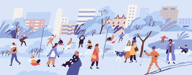 people walking in park. men, women and children doing winter activities. snowy landscape panorama. active characters skiing, ice skating, playing snowballs, making snowman. flat vector illustration.