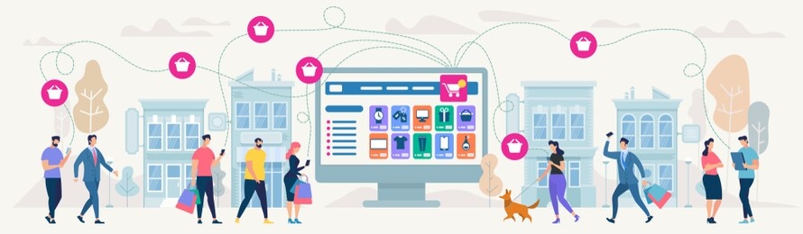 online shopping and network. ecommerce sales, digital marketing. sale and consumerism concept. online shop application. digital technologies and shoppin. flat style illustration.