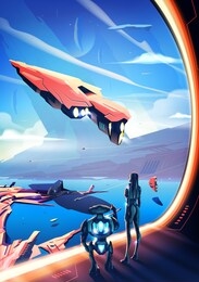 an imagery illustration of a futuristic city. a woman standing with a robot and looking out from inside of the spaceship to the scenery of futuristic city.