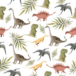 hand drawing watercolor сhildren's pattern of cute dino and tropical leaves of palm. funny dinosaur perfect for posters, children's fabric, prints.  illustration isolated on white