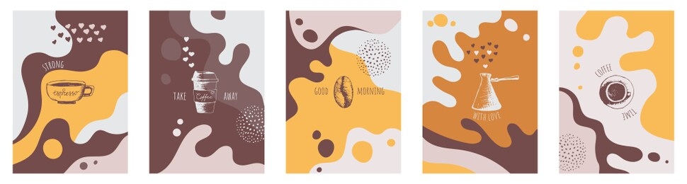 abstract creative set with coffee backgrounds copy space for text and coffee hand draw icons. vector concept for coffee shop and house, cafe. simple, stylish template for social media. 