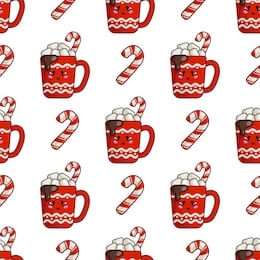 kawaii christmas seamless pattern with candy cane, cup of hot winter beverage or drink and marshmallows, endless texture for textile, wrapping paper, cute traditional new year symbols - vector