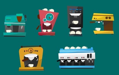 a set of six coffee machines illustrations isolated on a dark turquoise background.