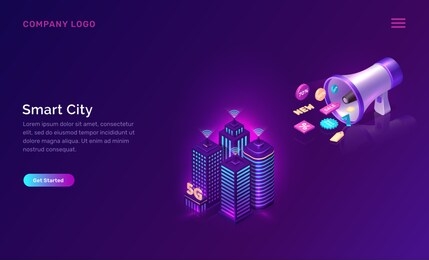 smart city, wireless network technology, isometric concept vector illustration. tall buildings with symbol wireless internet and loudspeaker with sale icons isolated on ultraviolet background