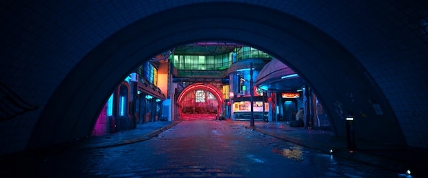 street of a futuristic city, starting with an arch in a tunnel. photorealistic 3d illustration. night scene with neon lighting.
city landscape in the style of cyberpunk.