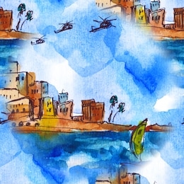 seamless pattern of landscape - mediterranean sea, watercolor. old town