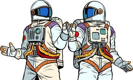 two astronaut friends. pop art retro vector illustration drawing vintage kitsch