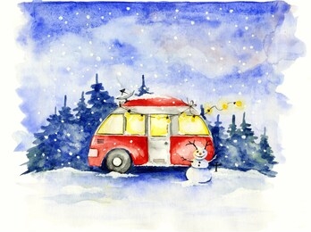 christmas card / funny red house on wheels in the christmas forest	