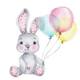 cute cartoon grey bunny with balloon; watercolor hand draw illustration; with white isolated background