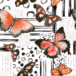 butterflies with black watercolor stripes hand drawn seamless pattern. elegant insects with handwritten letters and paint scribbles decorative texture. aquarelle red winged moth textile design