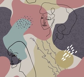 vector seamless pattern with woman face drawn in black continuous line, abstract texture, collage elements. endless background in trendy modern minimalism scandinavian style