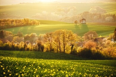 idyllic rural landscape with an old mill. beautiful sunlight on the wavy fields kunkovice village. location place of south moravia, czech republic. wallpaper background. discover the beauty of earth.