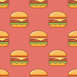 seamless pattern with cheeseburger on red background. vector texture.