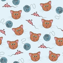 flat hand drawn color seamless pattern. cute  animal,cats with toys, mouse and ball of thread cartoon character. wrapping paper, kid textile, background design
