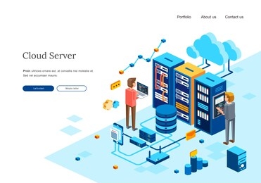 isometric illustration of two people maintenance computer server in data center room. cloud server maintenance by two man character. web server homepage or landing page template
