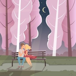 happy lovers background. funny dating couple sitting romantic environment st valentine holiday celebration cartoon illustration