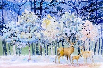 paintings snow falls in forest winter - watercolor landscape of animal, deer family concept with christmas. hand painted illustration on paper, blue trees cool background, beauty nature countryside. 