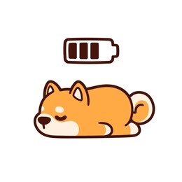 cute cartoon shiba inu puppy taking power nap with charging battery. adorable sleeping dog drawing, vector illustration.