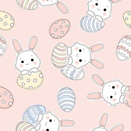 seamless easter pattern with cute rabbits and eggs. hand drawn line art.