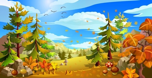 vector illustration of an autumn forest in red and yellow colors. landscape with deciduous trees and conifers among the hills.