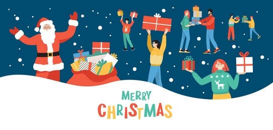 happy people received gifts from santa claus. flat cartoon colorful vector illustration. group of joyful people celebrate christmas and hold gifts. isolated images on a blue background.