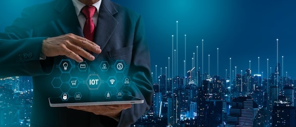 ai(artificial intelligence) and machine learning concept. business person hold iot(internet of things) illustration and icon technology.5g network wireless systems.iot(internet of things) concept.