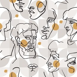modern linear art seamless pattern. continuous one line drawing with ancient greek gods statue on geometric shapes background. hand drawn geometrical portraits illustration. vector concept art
