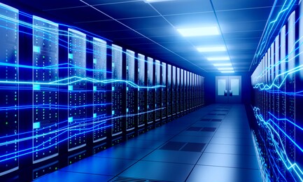 3d illustration/ 3d rendering - server room/ data center - storage, hosting, fast internet concept.