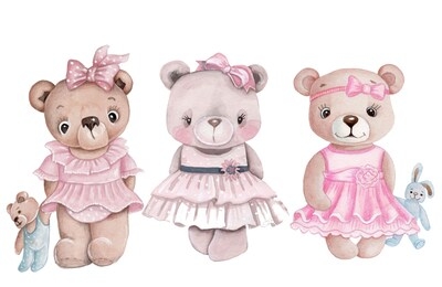 cute cartoon watercolor teddy bears girls in pink dresses standing. toy animals. hand drawn, isolated on white.