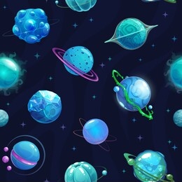 seamless pattern with blue fantasy planets on space baclground. vector cosmic texture.