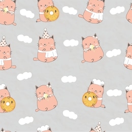 sweet little cat seamless pattern.kitty is holding donut and eat ice cream.it wearing party hat and chef suit.decoration with cloud on grey paper background wallpaper.smile lovely bakery product cafe.