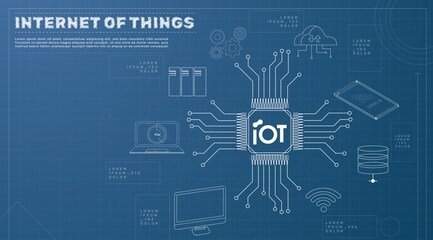 internet of things (iot) concept. symbol connected with icons of typical iot. intelligent pc, cloud, smartphone, machine. blueprint concepteps 10. vector illustration.
