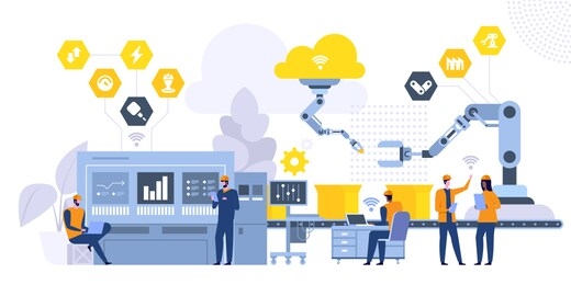 manufacturing system flat vector illustration. factory workers, engineer working with computer cartoon characters. assembly line controlling, high tech machinery. industrial revolution concept